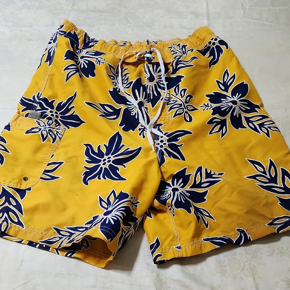 Men's Yellow Floral Swim Shorts with Navy Print